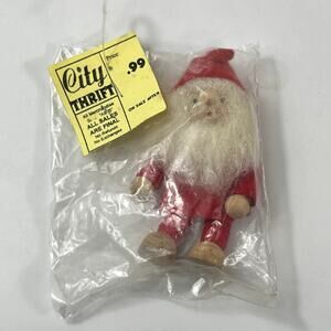 1960s Vintage Wooden Santa Figurine in Bag Felt Red Suit Yarn Beard 4" Christmas